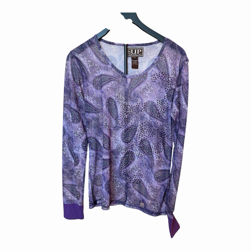 Cowgirl Up Womens M Purple Paisley Mesh Rhinestone Cross Western Y2K Top